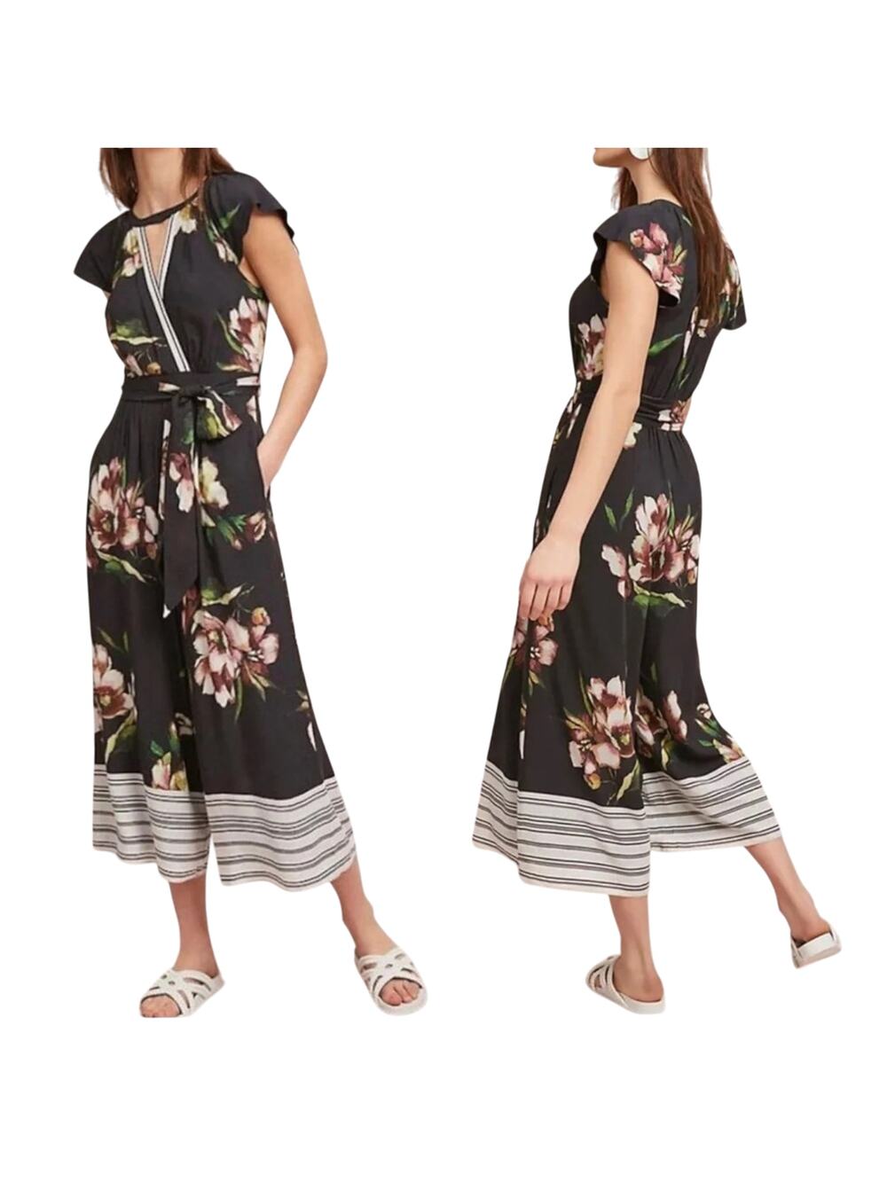 Maeve Anthropologie Floral Wide Leg Jumpsuit Black Rayon Pockets Sz 8